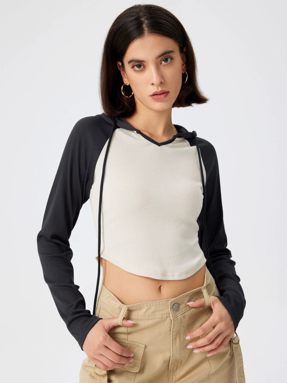 ZARA Hooded Patchwork Colorblock Irregular Slim Fit Long Sleeve T-Shirt